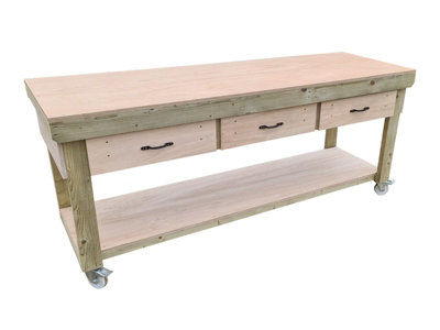 Wooden Eucalyptus hardwood top workbench, tool cabinet with drawers (V.1) (H-90cm, D-70cm, L-240cm) with wheels