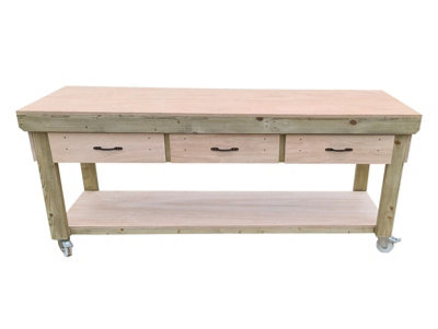 Wooden Eucalyptus hardwood top workbench, tool cabinet with drawers (V.1) (H-90cm, D-70cm, L-240cm) with wheels