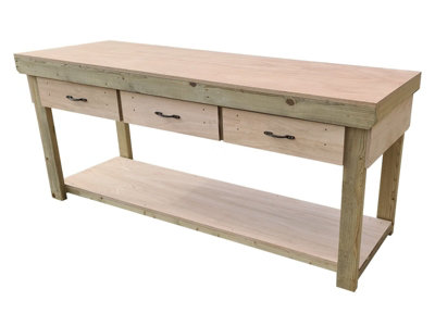 Wooden Eucalyptus hardwood top workbench, tool cabinet with drawers (V.1) (H-90cm, D-70cm, L-240cm)