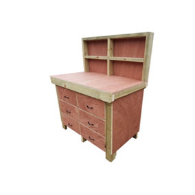 Wooden Eucalyptus hardwood top workbench, tool cabinet with drawers (V.2) (H-90cm, D-70cm, L-120cm) with back