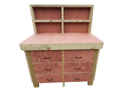 Wooden Eucalyptus hardwood top workbench, tool cabinet with drawers (V.2) (H-90cm, D-70cm, L-150cm) with back