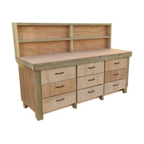 Wooden Eucalyptus hardwood top workbench, tool cabinet with drawers (V.2) (H-90cm, D-70cm, L-210cm) with back