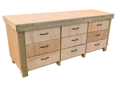 Wooden Eucalyptus hardwood top workbench, tool cabinet with drawers (V.2) (H-90cm, D-70cm, L-210cm)
