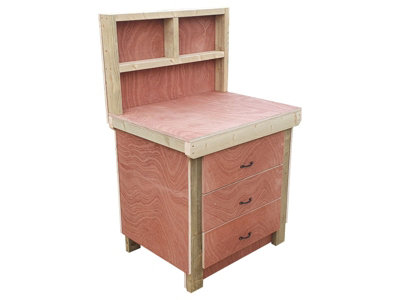 Wooden Eucalyptus hardwood top workbench, tool cabinet with drawers (V.2) (H-90cm, D-70cm, L-90cm) with back