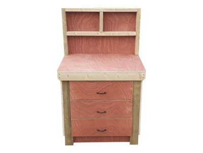 Wooden Eucalyptus hardwood top workbench, tool cabinet with drawers (V.2) (H-90cm, D-70cm, L-90cm) with back