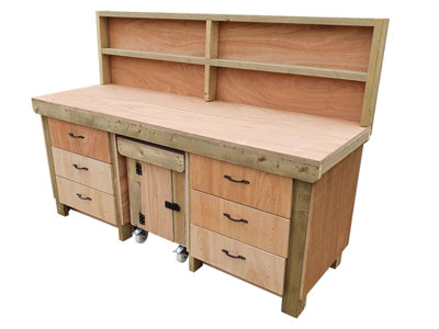 Wooden Eucalyptus hardwood top workbench with drawers and functional lockable cupboard (V.5) (H-90cm, D-70cm, L-210cm) with back