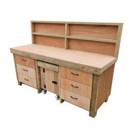 Wooden Eucalyptus hardwood top workbench with drawers and functional lockable cupboard (V.5) (H-90cm, D-70cm, L-210cm) with back