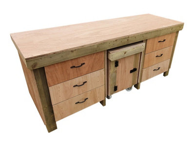 Wooden Eucalyptus hardwood top workbench with drawers and functional lockable cupboard (V.5) (H-90cm, D-70cm, L-210cm)