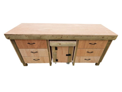 Wooden Eucalyptus hardwood top workbench with drawers and functional lockable cupboard (V.5) (H-90cm, D-70cm, L-210cm)