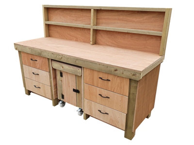Wooden Eucalyptus hardwood top workbench with drawers and functional lockable cupboard (V.5) (H-90cm, D-70cm, L-240cm) with back