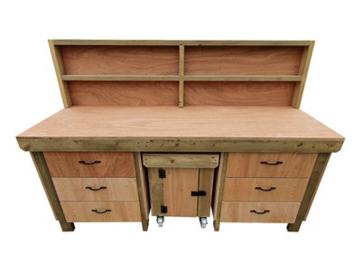 Wooden Eucalyptus hardwood top workbench with drawers and functional lockable cupboard (V.5) (H-90cm, D-70cm, L-240cm) with back