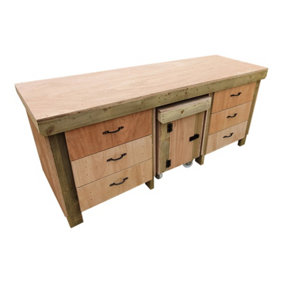 Wooden Eucalyptus hardwood top workbench with drawers and functional lockable cupboard (V.5) (H-90cm, D-70cm, L-240cm)