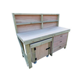 Wooden Eucalyptus hardwood top workbench with drawers and functional lockable cupboard (V.6) (H-90cm, D-70cm, L-150cm) with back