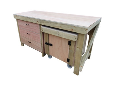 Wooden Eucalyptus hardwood top workbench with drawers and functional lockable cupboard (V.6) (H-90cm, D-70cm, L-150cm)