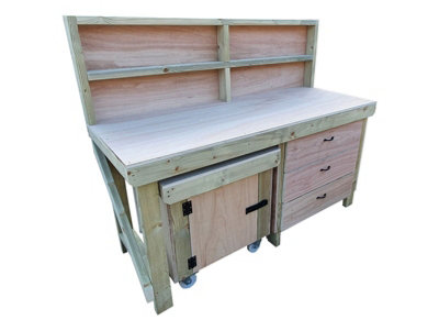 Wooden Eucalyptus hardwood top workbench with drawers and functional lockable cupboard (V.6) (H-90cm, D-70cm, L-180cm) with back