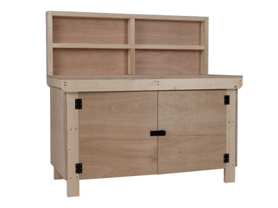 Wooden Eucalyptus hardwood top workbench with lockable cupboard (V.9) (H-90cm, D-70cm, L-120cm) with back panel and double shelf