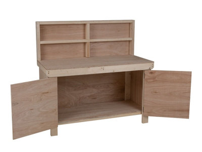 Wooden Eucalyptus hardwood top workbench with lockable cupboard (V.9) (H-90cm, D-70cm, L-120cm) with back panel