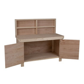 Wooden Eucalyptus hardwood top workbench with lockable cupboard (V.9) (H-90cm, D-70cm, L-120cm) with back panel