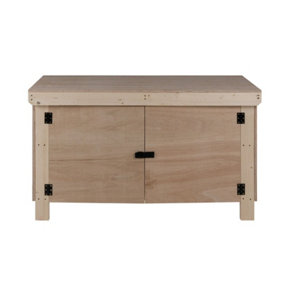 Wooden Eucalyptus hardwood top workbench with lockable cupboard (V.9) (H-90cm, D-70cm, L-120cm) with double shelf