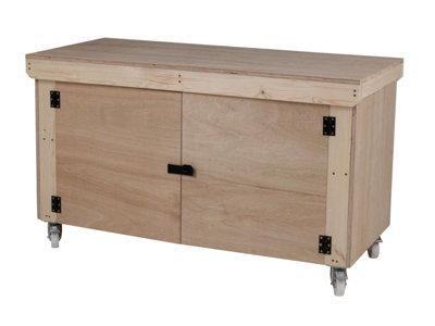 Wooden Eucalyptus hardwood top workbench with lockable cupboard (V.9) (H-90cm, D-70cm, L-120cm) with wheels