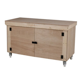 Wooden Eucalyptus hardwood top workbench with lockable cupboard (V.9) (H-90cm, D-70cm, L-120cm) with wheels
