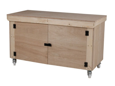 Wooden Eucalyptus hardwood top workbench with lockable cupboard (V.9) (H-90cm, D-70cm, L-150cm) with wheels