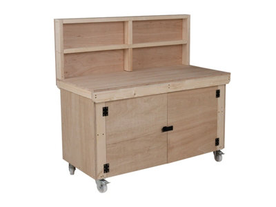 Wooden Eucalyptus hardwood top workbench with lockable cupboard (V.9) (H-90cm, D-70cm, L-180cm) with back panel and wheels