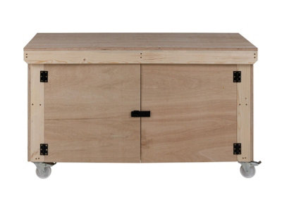 Wooden Eucalyptus hardwood top workbench with lockable cupboard (V.9) (H-90cm, D-70cm, L-210cm) double shelf and wheels