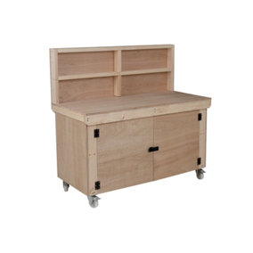 Wooden Eucalyptus hardwood top workbench with lockable cupboard (V.9) (H-90cm, D-70cm, L-210cm) with back panel and wheels