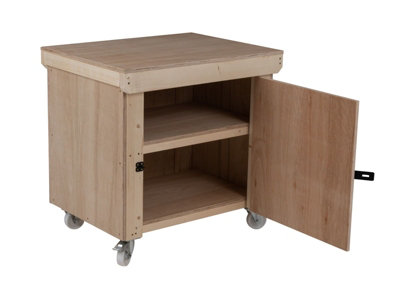 Wooden Eucalyptus hardwood top workbench with lockable cupboard (V.9) (H-90cm, D-70cm, L-90cm) double shelf and wheels