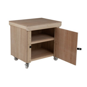 Wooden Eucalyptus hardwood top workbench with lockable cupboard (V.9) (H-90cm, D-70cm, L-90cm) double shelf and wheels