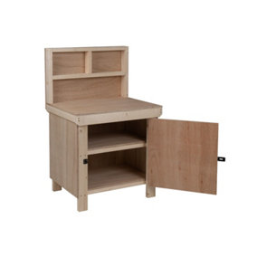 Wooden Eucalyptus hardwood top workbench with lockable cupboard (V.9) (H-90cm, D-70cm, L-90cm) with back panel and double shelf