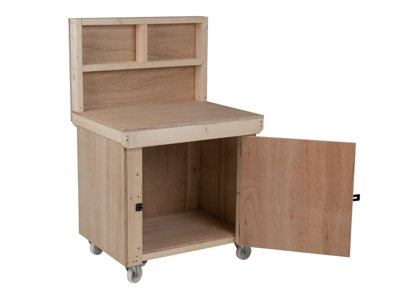 Wooden Eucalyptus hardwood top workbench with lockable cupboard (V.9) (H-90cm, D-70cm, L-90cm) with back panel and wheels