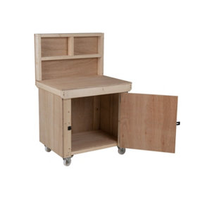 Wooden Eucalyptus hardwood top workbench with lockable cupboard (V.9) (H-90cm, D-70cm, L-90cm) with back panel and wheels