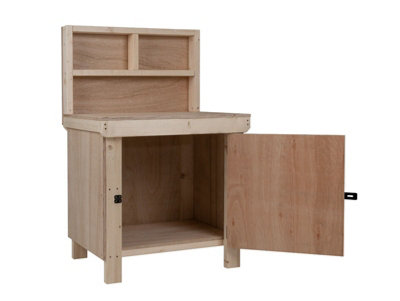 Wooden Eucalyptus hardwood top workbench with lockable cupboard (V.9) (H-90cm, D-70cm, L-90cm) with back panel
