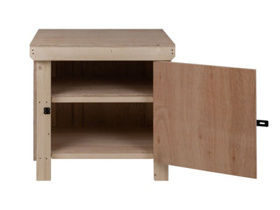 Wooden Eucalyptus hardwood top workbench with lockable cupboard (V.9) (H-90cm, D-70cm, L-90cm) with double shelf