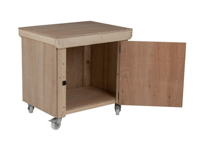 Wooden Eucalyptus hardwood top workbench with lockable cupboard (V.9) (H-90cm, D-70cm, L-90cm) with wheels