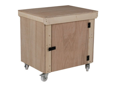 Wooden Eucalyptus hardwood top workbench with lockable cupboard (V.9) (H-90cm, D-70cm, L-90cm) with wheels