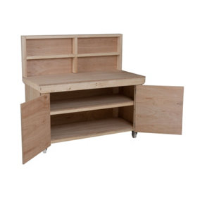 Wooden Eucalyptus hardwood workbench with lockable cupboard (V.9) (H-90cm, D-70cm, L-150cm) with back panel, double shelf, wheels