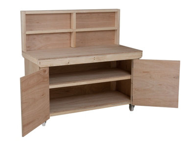 Wooden Eucalyptus hardwood workbench with lockable cupboard (V.9) (H-90cm, D-70cm, L-180cm) with back panel, double shelf, wheels