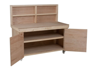Wooden Eucalyptus hardwood workbench with lockable cupboard (V.9) (H-90cm, D-70cm, L-210cm) with back panel, double shelf, wheels