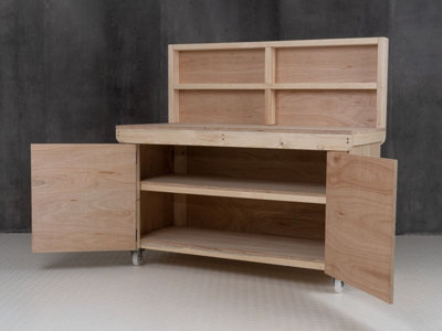 Wooden Eucalyptus hardwood workbench with lockable cupboard (V.9) (H-90cm, D-70cm, L-210cm) with back panel, double shelf, wheels