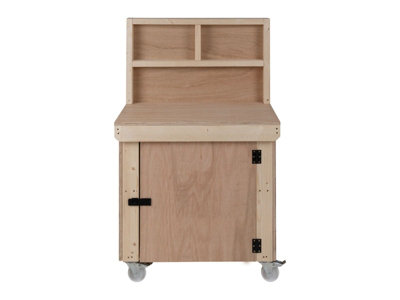 Wooden Eucalyptus hardwood workbench with lockable cupboard (V.9) (H-90cm, D-70cm, L-90cm) with back panel, double shelf, wheels