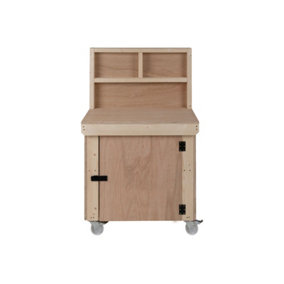 Wooden Eucalyptus hardwood workbench with lockable cupboard (V.9) (H-90cm, D-70cm, L-90cm) with back panel, double shelf, wheels