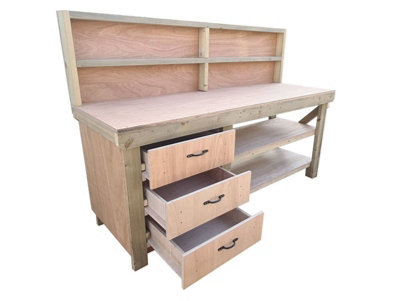 Wooden Eucalyptus top tool cabinet workbench with storage shelf (V.7)  (H-90cm, D-70cm, L-150cm) with back panel and double shelf