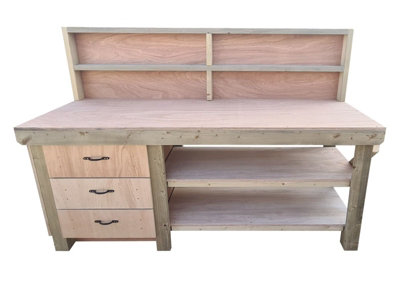 Wooden Eucalyptus top tool cabinet workbench with storage shelf (V.7)  (H-90cm, D-70cm, L-210cm) with back panel and double shelf