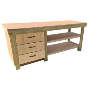 Wooden Eucalyptus top tool cabinet workbench with storage shelf (V.7)  (H-90cm, D-70cm, L-210cm) with double shelf