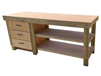 Wooden Eucalyptus top tool cabinet workbench with storage shelf (V.7)  (H-90cm, D-70cm, L-210cm) with double shelf