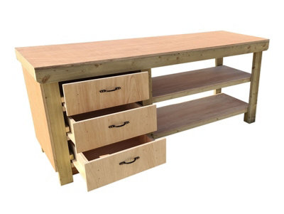 Wooden Eucalyptus top tool cabinet workbench with storage shelf (V.7)  (H-90cm, D-70cm, L-210cm) with double shelf