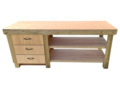 Wooden Eucalyptus top tool cabinet workbench with storage shelf (V.7)  (H-90cm, D-70cm, L-210cm) with double shelf